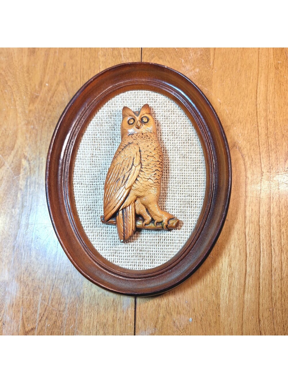 Vintage Wooden 3D Owl Wall Plaque Framed 6"X 8" Oval